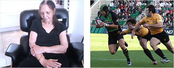 2 images - an elderly lady holds her forearm and 3 rugby players during a match