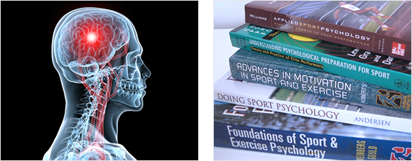 2 images - and X-Ray cross section illustration of head and brain and a stack of sports psychology books
