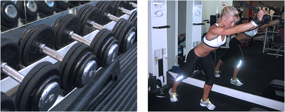 2 images - a rack of weights in a gym and a lady working out at a gym