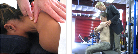2 images - a lady receives treatment to her shoulder and a Trigenics demonstration in a gym